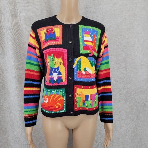 Susan Bristol Colorful Cat Pattern Women's Sweater Cardigan Y2K Patchwork - Picture 1 of 14